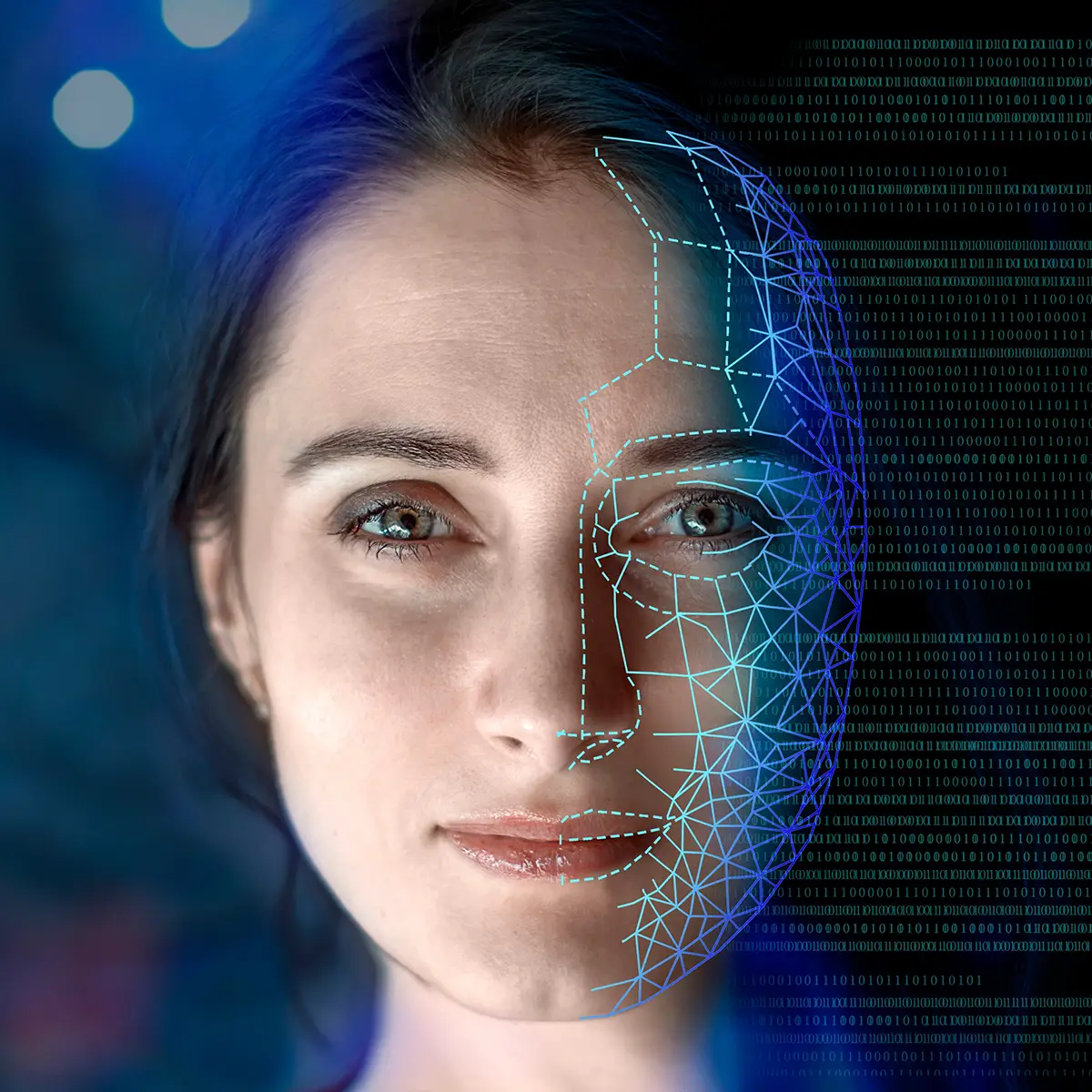 A woman’s face is partially overlaid with a digital wireframe and binary code, symbolising the integration of human and artificial intelligence. The image conveys a sense of advanced technology and innovation, with one half of her face in natural detail and the other half depicted with digital elements.