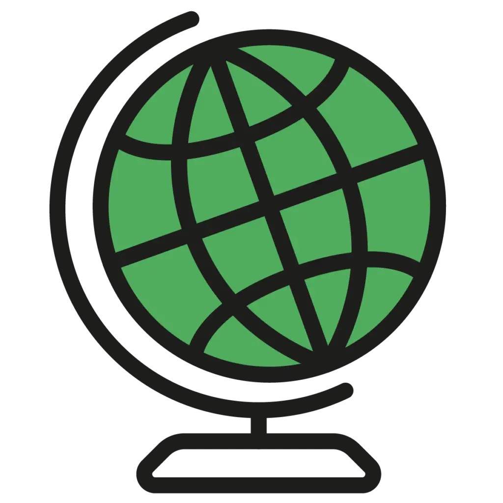 An illustration of a globe, depicted in a simple and clean design with black outlines. The globe is filled with green colour, and the longitude and latitude lines are clearly marked. The base of the globe indicates it is a traditional classroom or desktop model. This image symbolises global relevance and application, emphasising the interconnectedness of the world and the importance of understanding and considering global perspectives in various contexts.