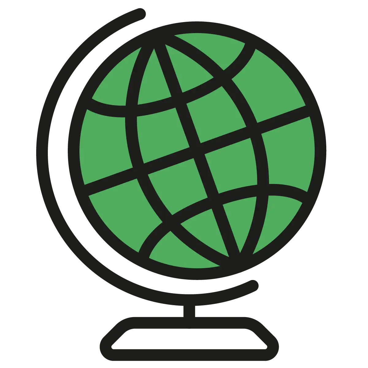 An illustration of a globe, depicted in a simple and clean design with black outlines. The globe is filled with green colour, and the longitude and latitude lines are clearly marked. The base of the globe indicates it is a traditional classroom or desktop model. This image symbolises global relevance and application, emphasising the interconnectedness of the world and the importance of understanding and considering global perspectives in various contexts.