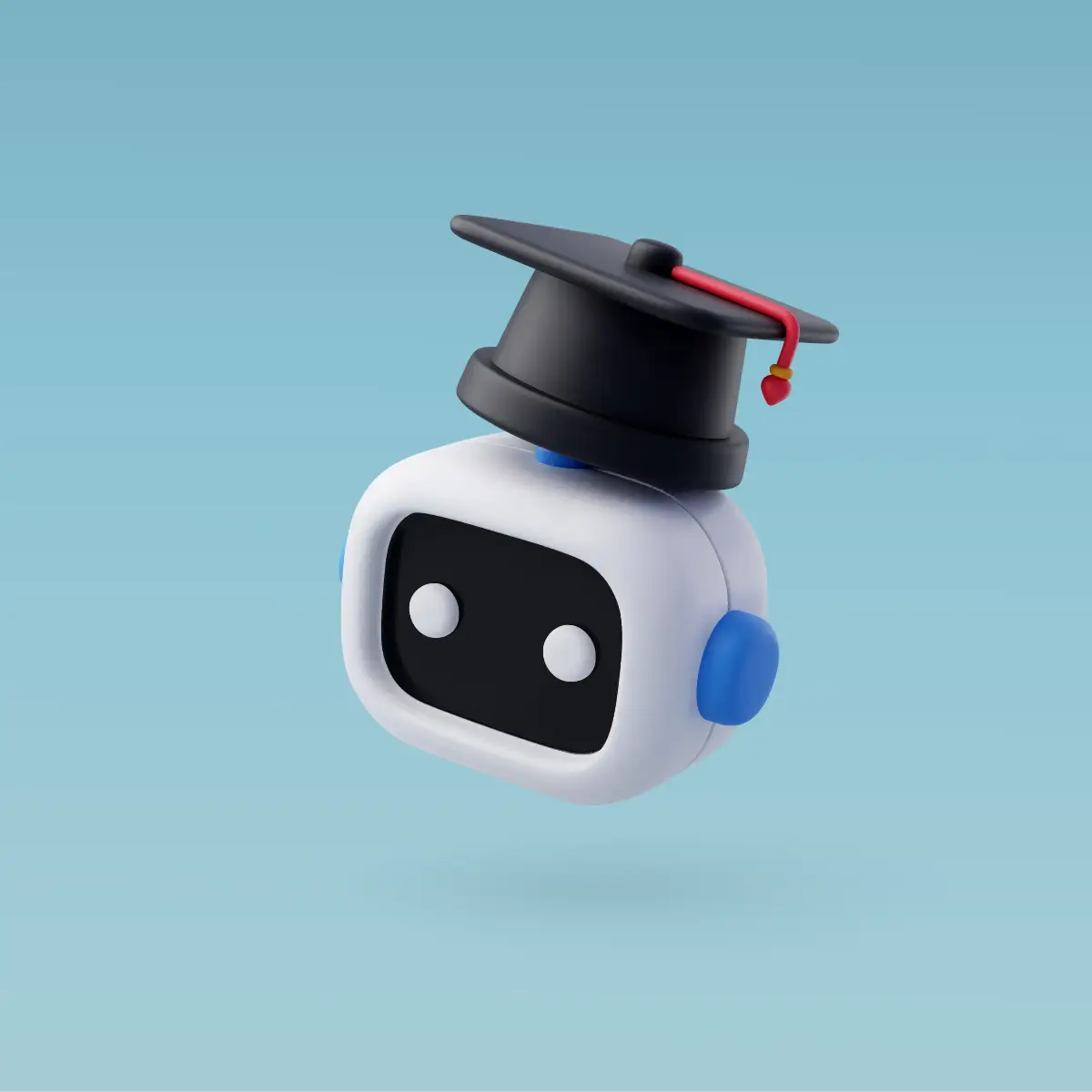 3D illustration of a friendly AI robot wearing a graduation cap. The robot has a white body with blue accents and a simple black face with two round eyes. It floats against a light blue background, symbolizing the blend of education and technology.