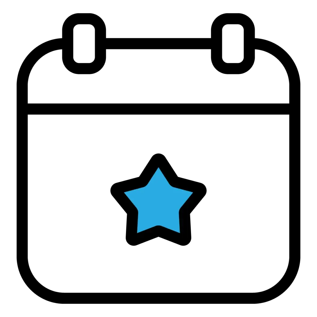 A minimalistic icon showing a calendar with a bright blue star icon