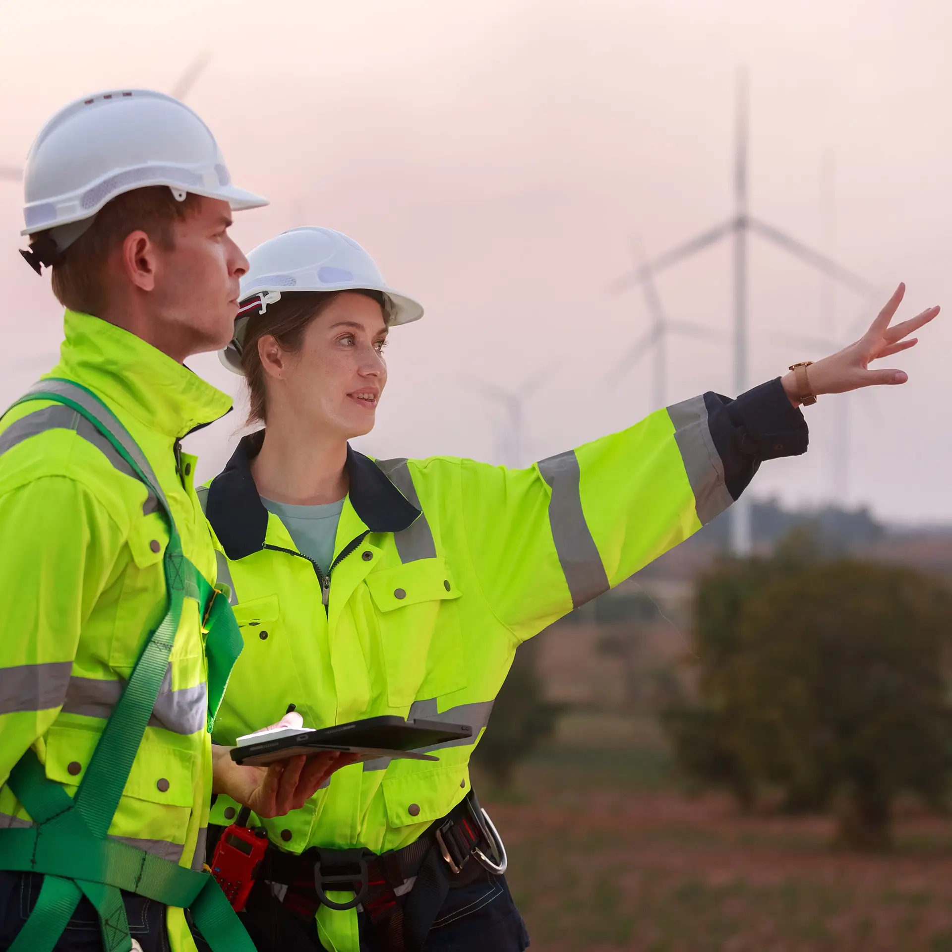 Two engineers in high-visibility jackets and hard hats discussing a clean energy project at a wind farm. One engineer is holding a tablet, while the other gestures towards the wind turbines in the background. The scene highlights teamwork in renewable energy and sustainable infrastructure.