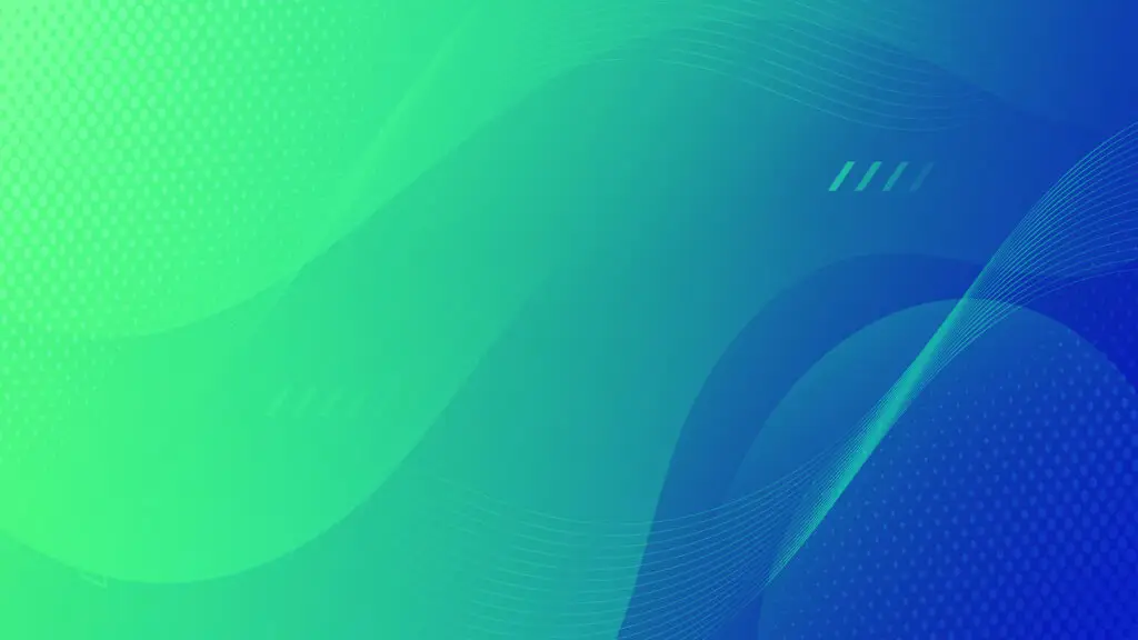 The image features a modern, abstract background with a blend of green and blue hues. The design includes smooth, wavy lines that flow across the image, creating a sense of movement and fluidity. There are also subtle dot patterns and linear elements that add texture and depth to the composition.