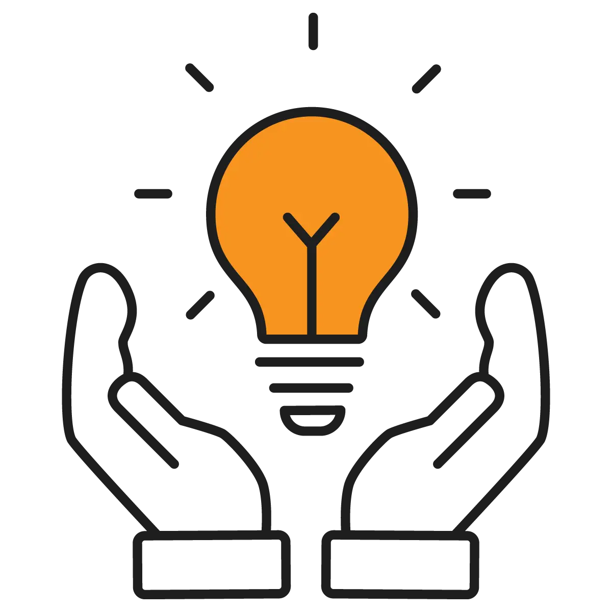 An illustration depicts a bright orange light bulb, symbolising an idea or innovation, being gently cradled by two open hands. The hands are drawn in a simple, black line art style, emphasising care and support. The light bulb is illuminated, with lines radiating outward to indicate its brightness and the spark of creativity.