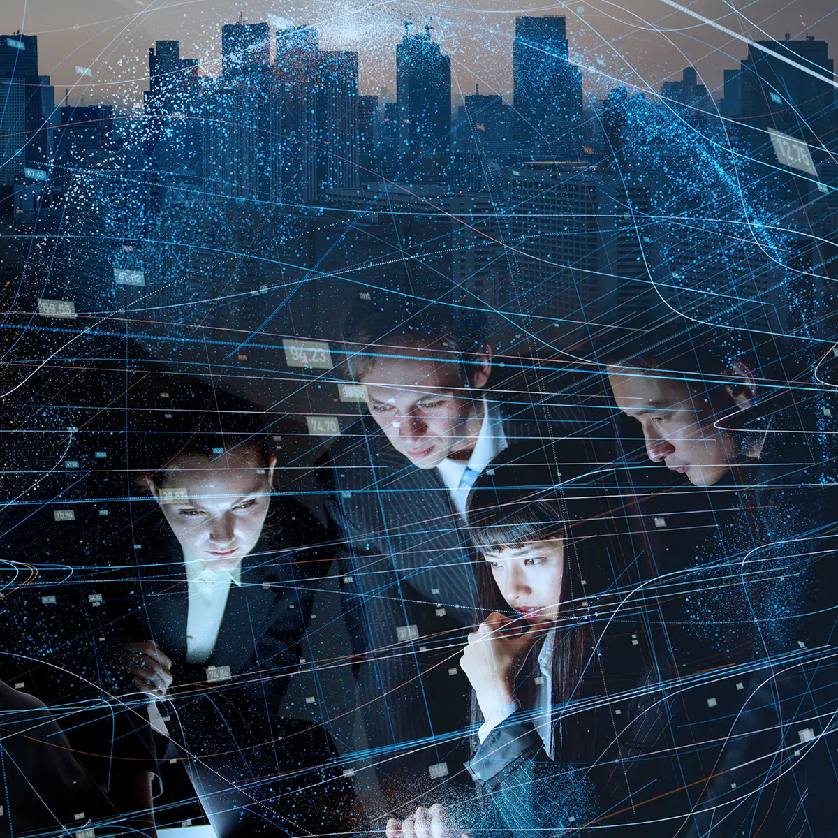 A group of professionals are gathered together, intensely focused on a shared digital interface. The scene is overlaid with complex data visualisations, holographic graphs, and network lines, symbolising advanced technology and innovation. The cityscape in the background, with tall buildings and lights, suggests a metropolitan setting and a connection to the global digital economy. This image represents innovative education, highlighting the integration of cutting-edge technology, data analytics, and collaborative learning to drive forward-thinking solutions and advancements in education. It conveys a modern, tech-savvy approach to teaching and learning, preparing individuals for the future.