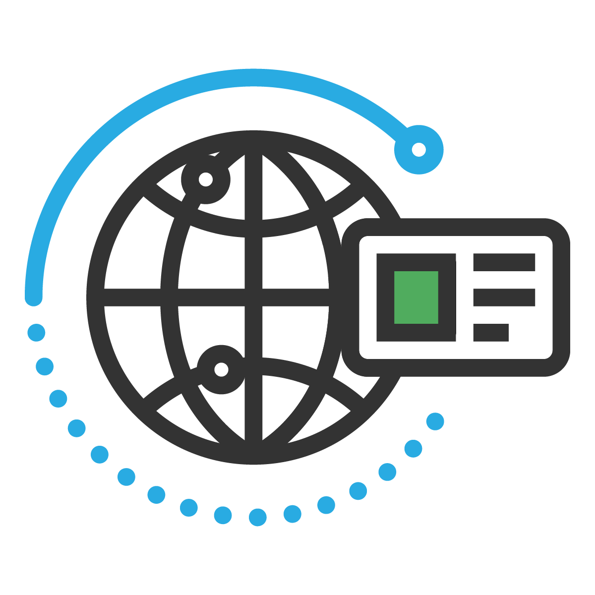 An illustration shows a globe with latitude and longitude lines, representing global reach and connectivity. To the right of the globe is an ID card icon, suggesting identification, credentials, or qualifications. A blue arc with dotted lines encircles the globe, indicating continuous movement or a network. This image symbolises the concept of a Master of Business Administration (MBA), highlighting global business opportunities, international qualifications, and the extensive network and recognition that comes with earning an MBA degree.