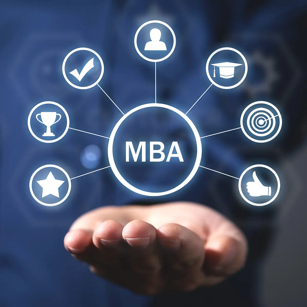 A hand is extended forward, palm up, holding a holographic display that centres around the term "MBA." Various icons radiate from the central circle, each representing different aspects of an MBA program. These icons include a trophy (achievement), a check mark (success), a person (networking), a graduation cap (education), a target (goals), a thumbs-up (approval), and a star (excellence). The background is dark, highlighting the bright, glowing elements of the hologram. This image symbolises the multifaceted benefits and opportunities that come with pursuing an MBA, including career advancement, professional networking, and personal growth.