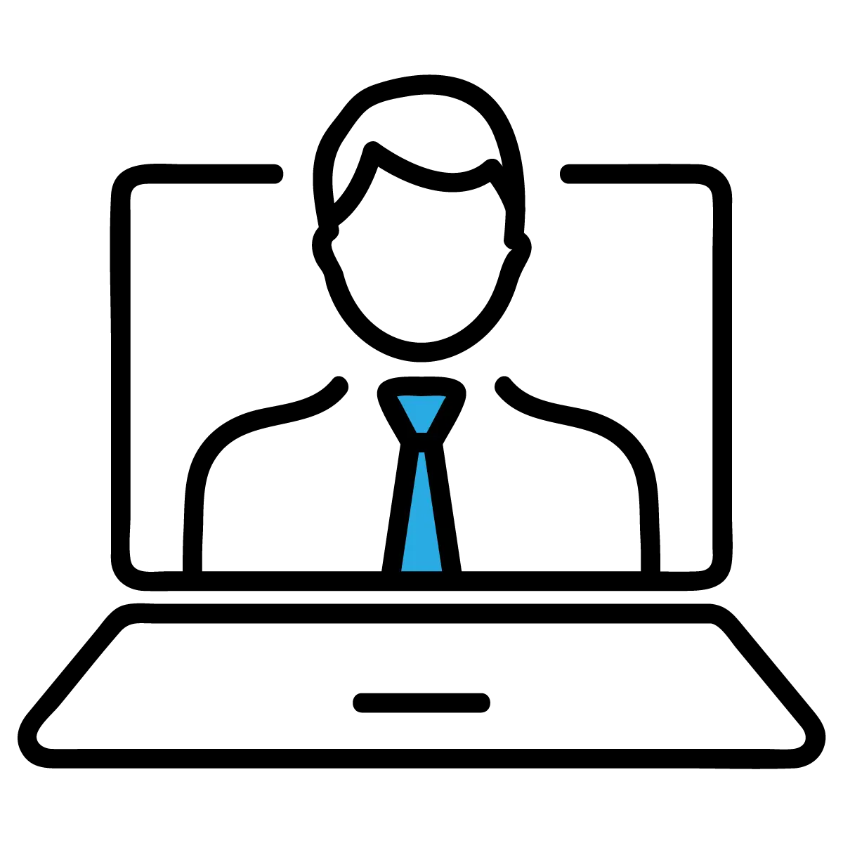 A minimalistic icon showing a person wearing a tie appearing on a laptop computer screen