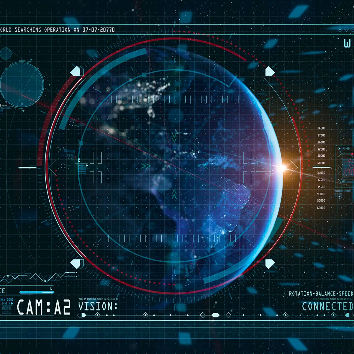 Futuristic digital interface displaying a global map with a rotating Earth, overlaid with data points and grid lines. The screen features indicators related to a 'world searching operation,' suggesting a high-tech system for monitoring or analyzing global intelligence. Various metrics and graphics around the edges highlight connections and data tracking.