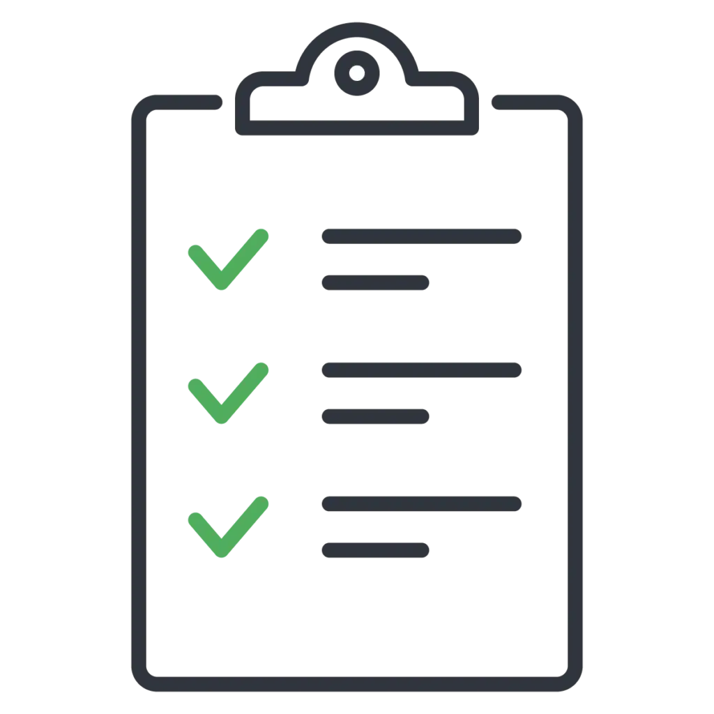 A minimalistic icon showing a checklist with 3 ticks on a clipboard