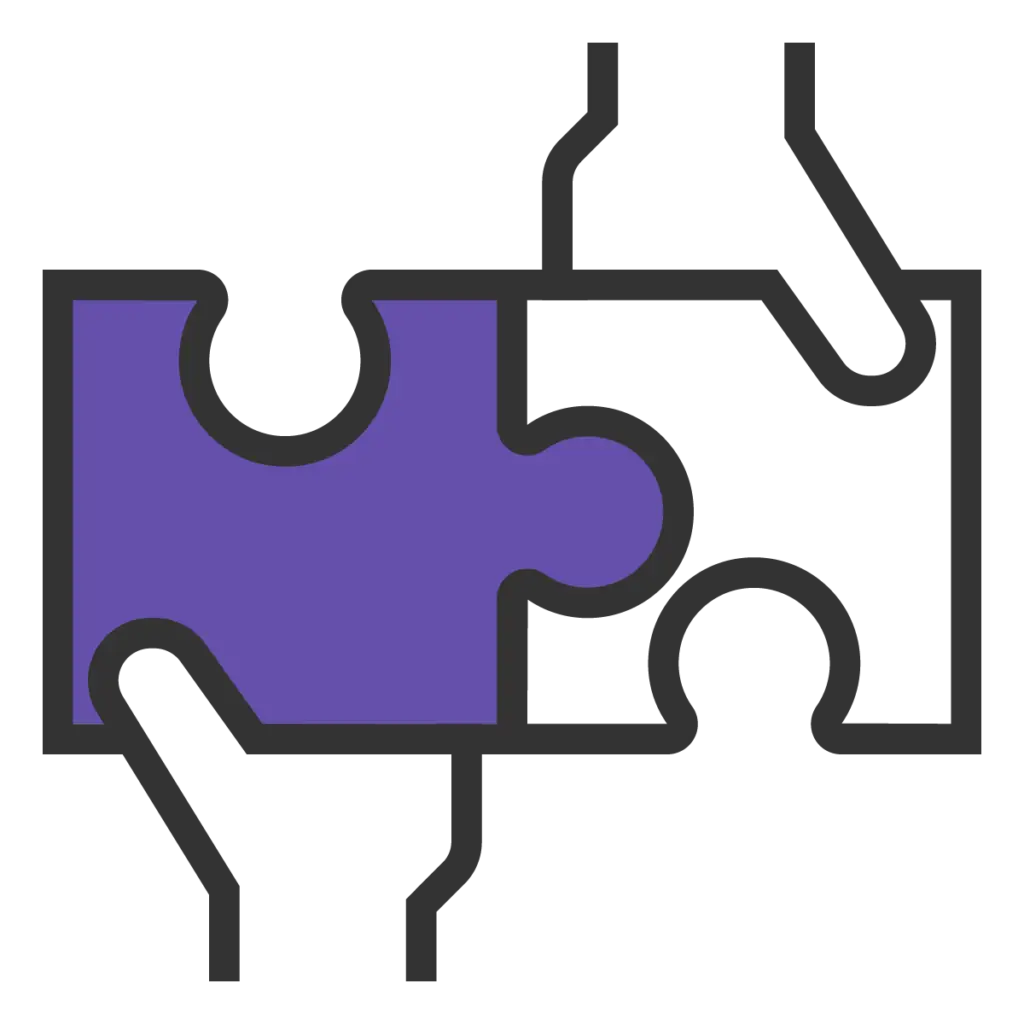 An illustration features two puzzle pieces being held by two hands, coming together to fit perfectly. One puzzle piece is coloured purple, while the other remains white, symbolising the merging of different elements to complete a whole. The image represents professional development, highlighting the importance of acquiring new skills, knowledge, and competencies that fit together to enhance one's career. It emphasises the idea of continuous learning and personal growth to achieve professional success.