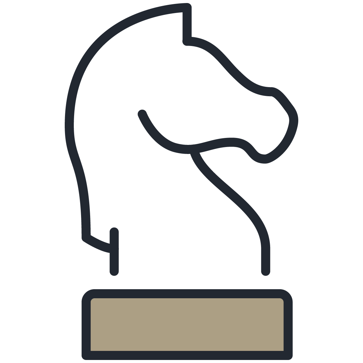 An illustration of a knight chess piece, depicted in a minimalist style with a black outline. The base of the knight is filled with a neutral tan colour. The knight, known for its unique movement and strategic importance in the game of chess, symbolises support, strategy, and intelligent decision-making. This image conveys the concept of providing strong, strategic support, emphasising the role of thoughtful planning and clever tactics in achieving success.