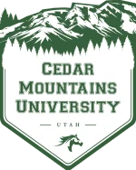 The image is the logo for Cedar Mountains University, featuring a shield design with a snowy mountain range and a forest silhouette of cedar trees in the background. The shield is outlined in white and contains the text "Cedar Mountains University" in a bold, varsity-style font. Below the mountain graphic, "Utah" is written in smaller font, indicating the University's location. The university's mascot, a stylized horse head, is depicted in at the bottom of the shield.