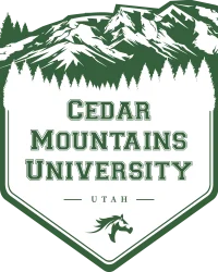 The image is the logo for Cedar Mountains University, featuring a shield design with a snowy mountain range and a forest silhouette of cedar trees in the background. The shield is outlined in white and contains the text "Cedar Mountains University" in a bold, varsity-style font. Below the mountain graphic, "Utah" is written in smaller font, indicating the University's location. The university's mascot, a stylized horse head, is depicted in at the bottom of the shield.